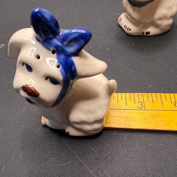 Vintage Ceramic Dog Salt & Pepper Shakers With Blue Bow Design Table Decor Retro - Picture 11 of 15